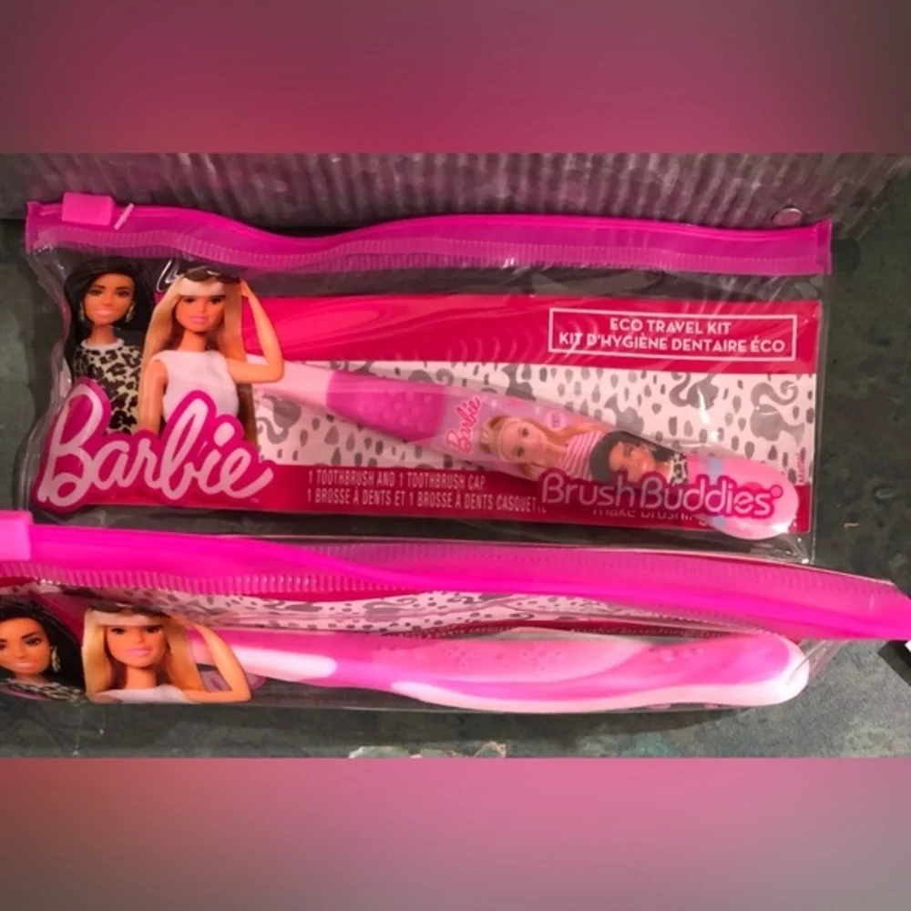 6pc Barbie pink kids children little girl toothbrush, cap & pouch eco travel kit